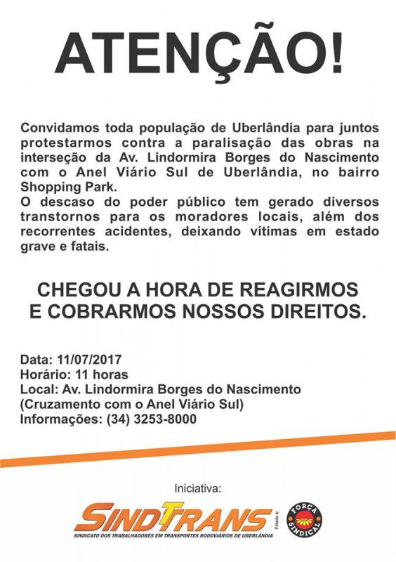 SINDTTRANS convoca mobilização para retomada de obras