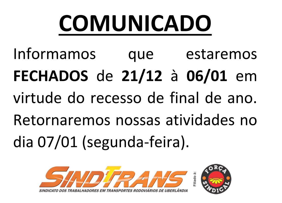 Comunicado – Fechamento de Final de ano.